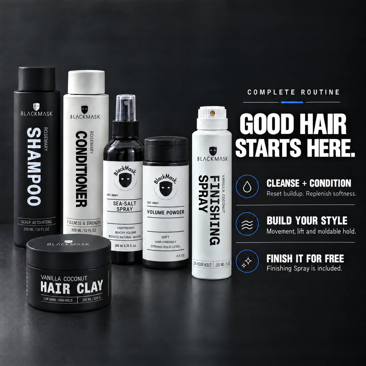 BLACKMASK Complete Hair Routine: Shampoo, Conditioner, Volume Powder, Sea-Salt Spray and Hair Clay, plus FREE Finishing Spray — benefits
