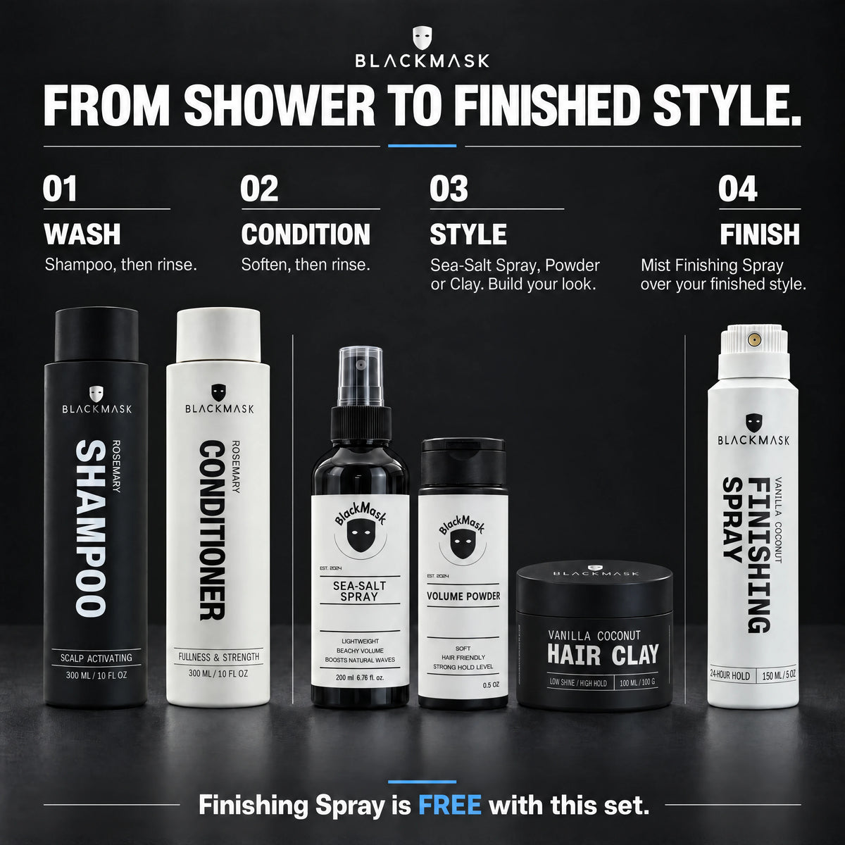 BLACKMASK Complete Hair Routine: Shampoo, Conditioner, Volume Powder, Sea-Salt Spray and Hair Clay, plus FREE Finishing Spray — routine