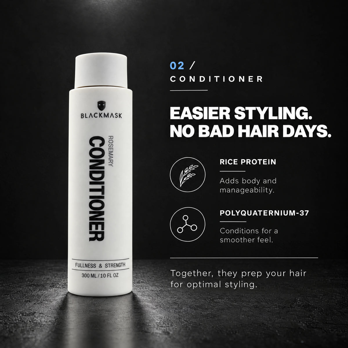 BLACKMASK conditioner benefits — charcoal studio product graphic
