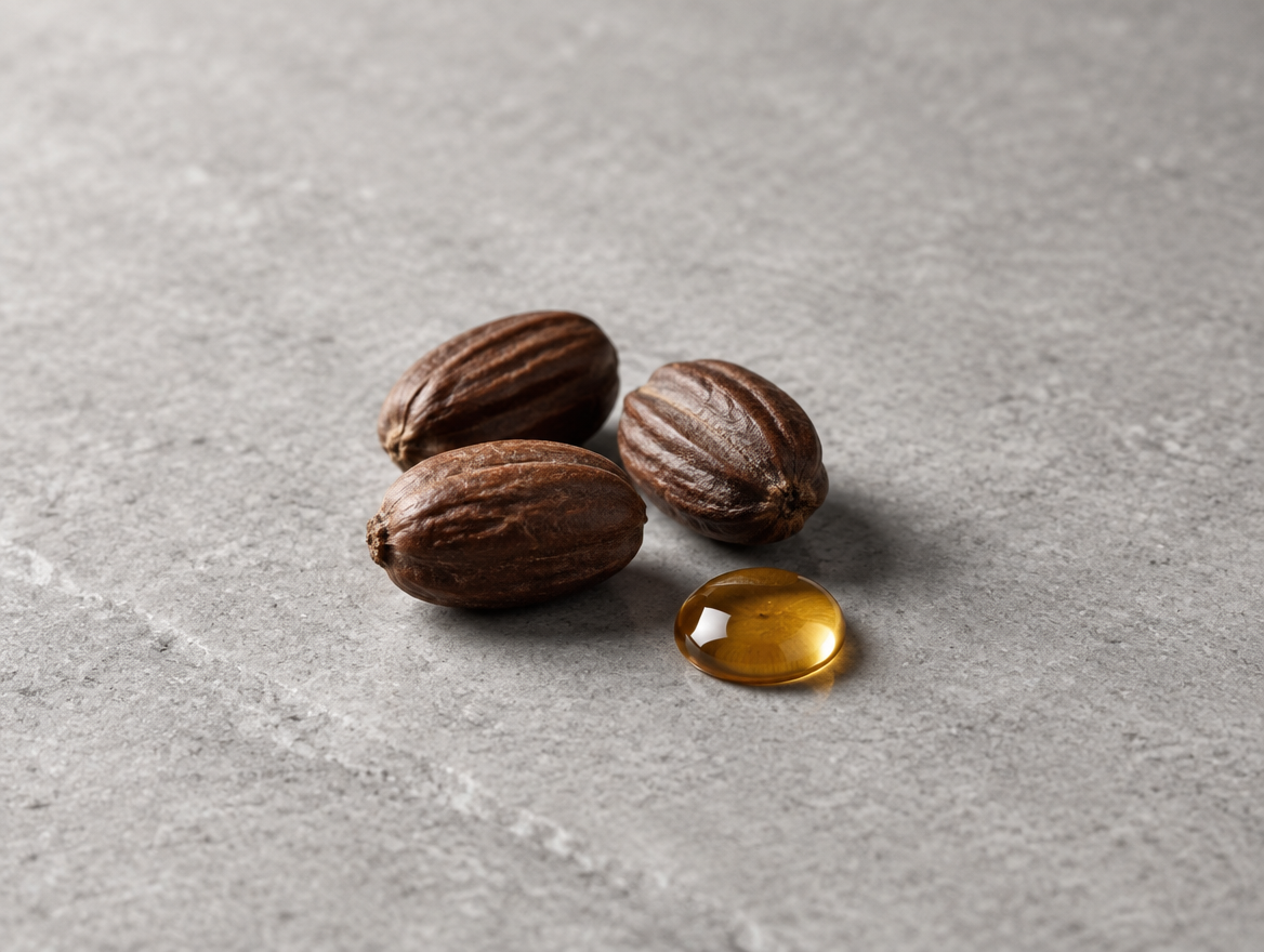 Jojoba seeds and oil ingredient illustration