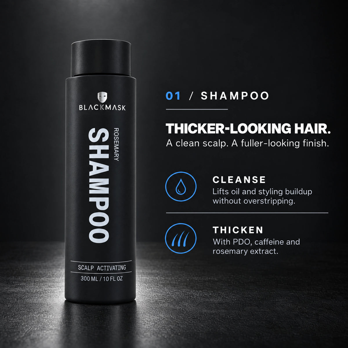 BLACKMASK shampoo benefits — charcoal studio product graphic