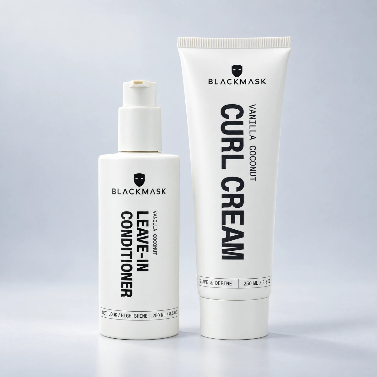 BLACKMASK Curl Cream and Leave-in Conditioner Curl System on a cool grey studio background