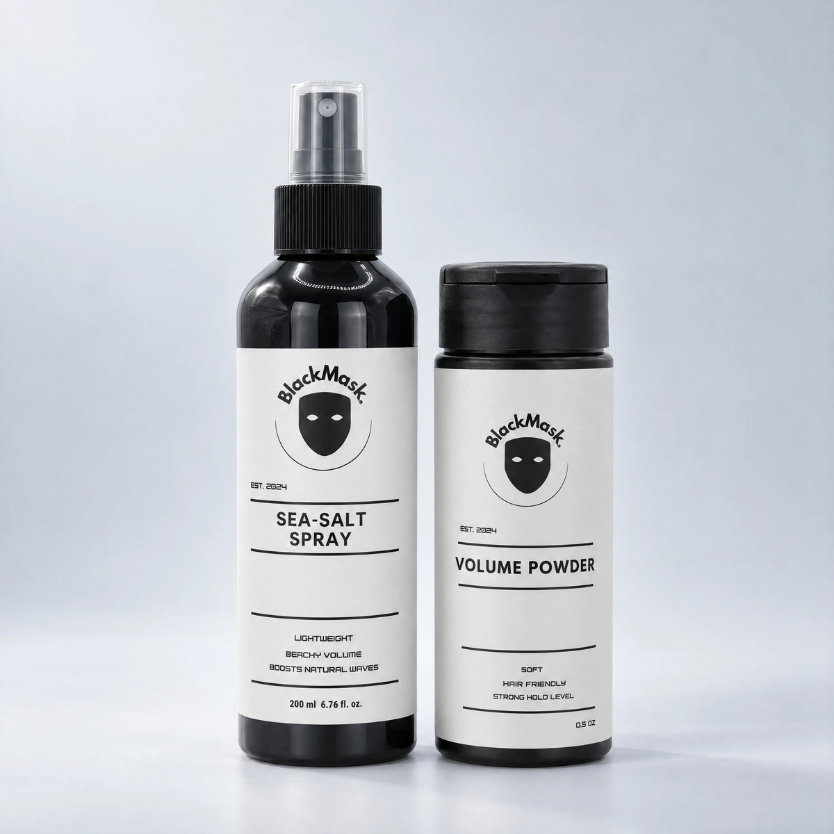 BLACKMASK Volume Powder and Sea Salt Spray bundle on a cool grey studio background