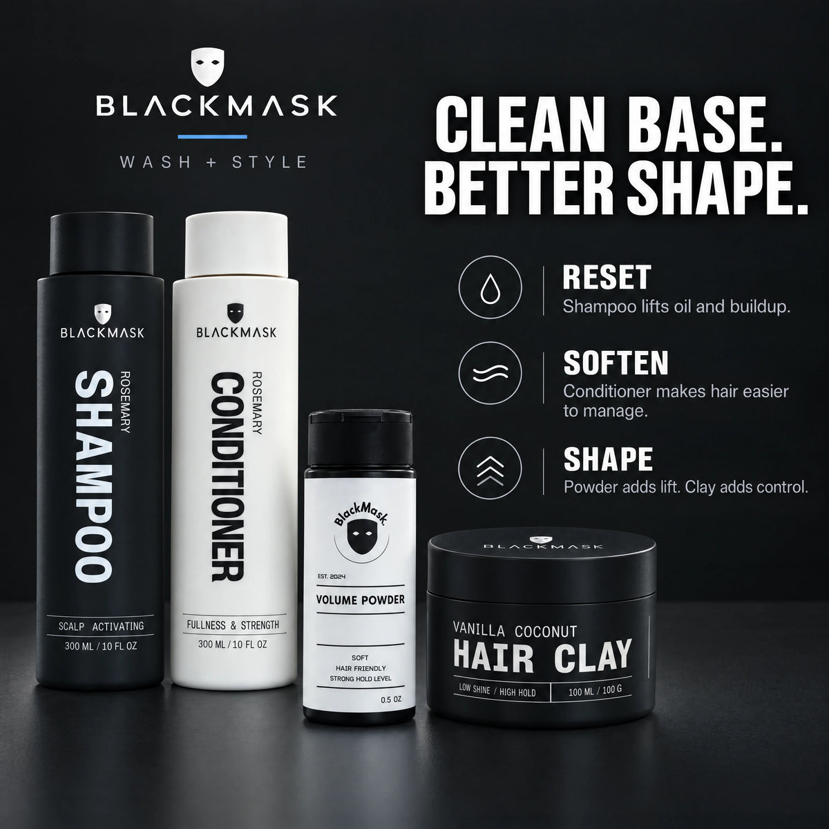 BLACKMASK Wash + Style Bundle: Shampoo, Conditioner, Volume Powder and Hair Clay — benefits