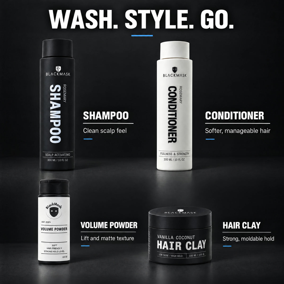 BLACKMASK Wash + Style Bundle: Shampoo, Conditioner, Volume Powder and Hair Clay — contents
