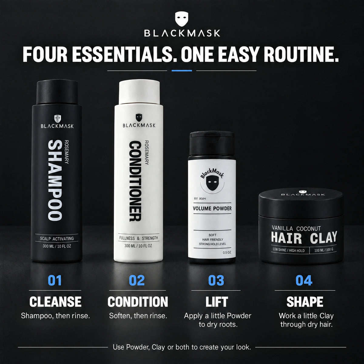 BLACKMASK Wash + Style Bundle: Shampoo, Conditioner, Volume Powder and Hair Clay — routine