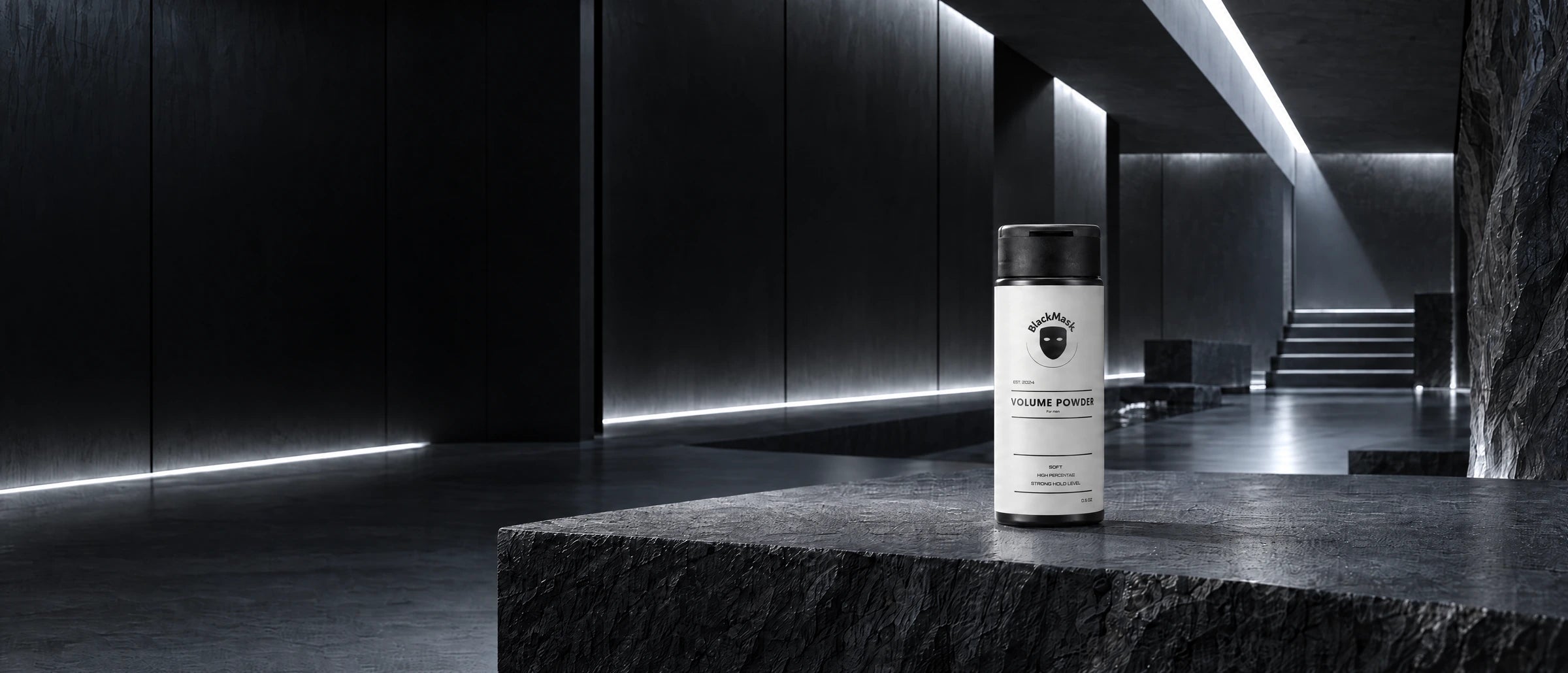 BlackMask Volume Powder on basalt in a softly illuminated architectural atelier